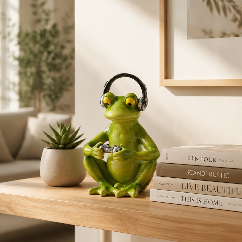 Desk Setup Headphones - Zabawna figurka żaby gracza z słuchawkami,