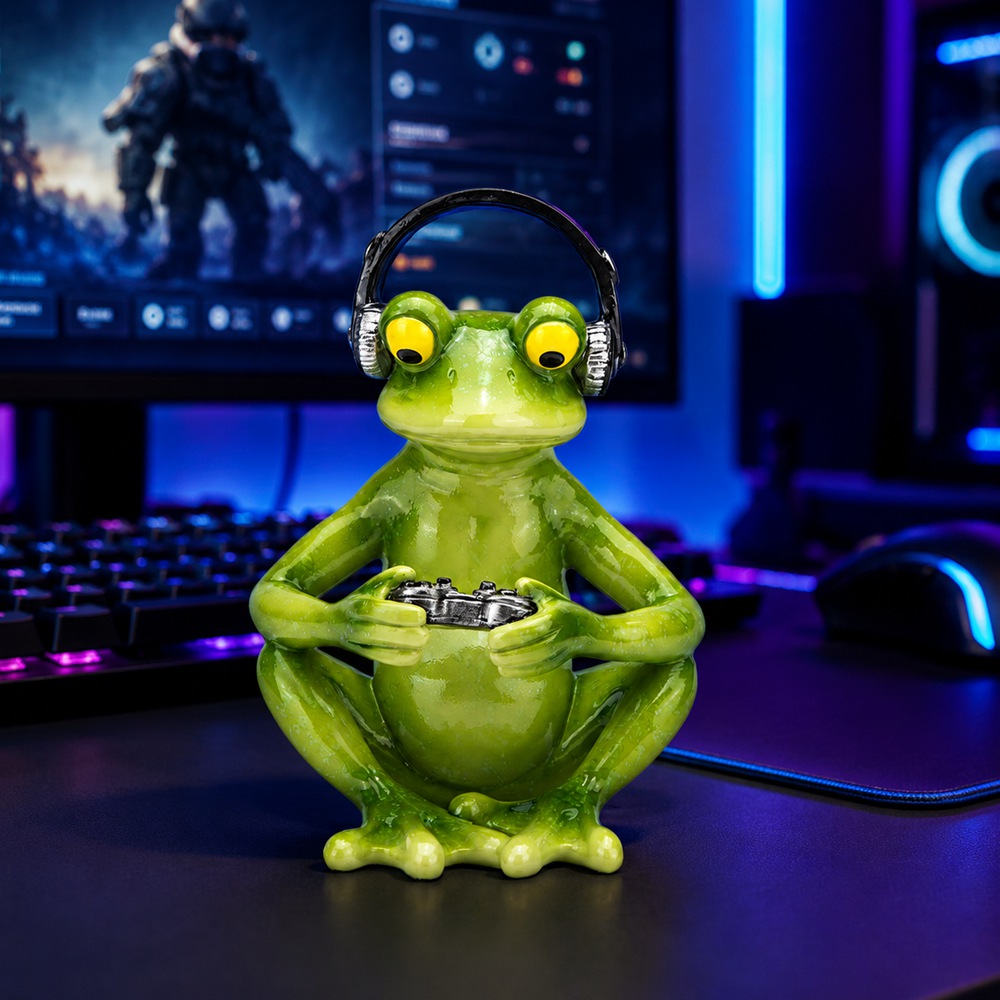 Zabawna figurka żaby gracza z  – Desk Setup Headphones recenzja i cena